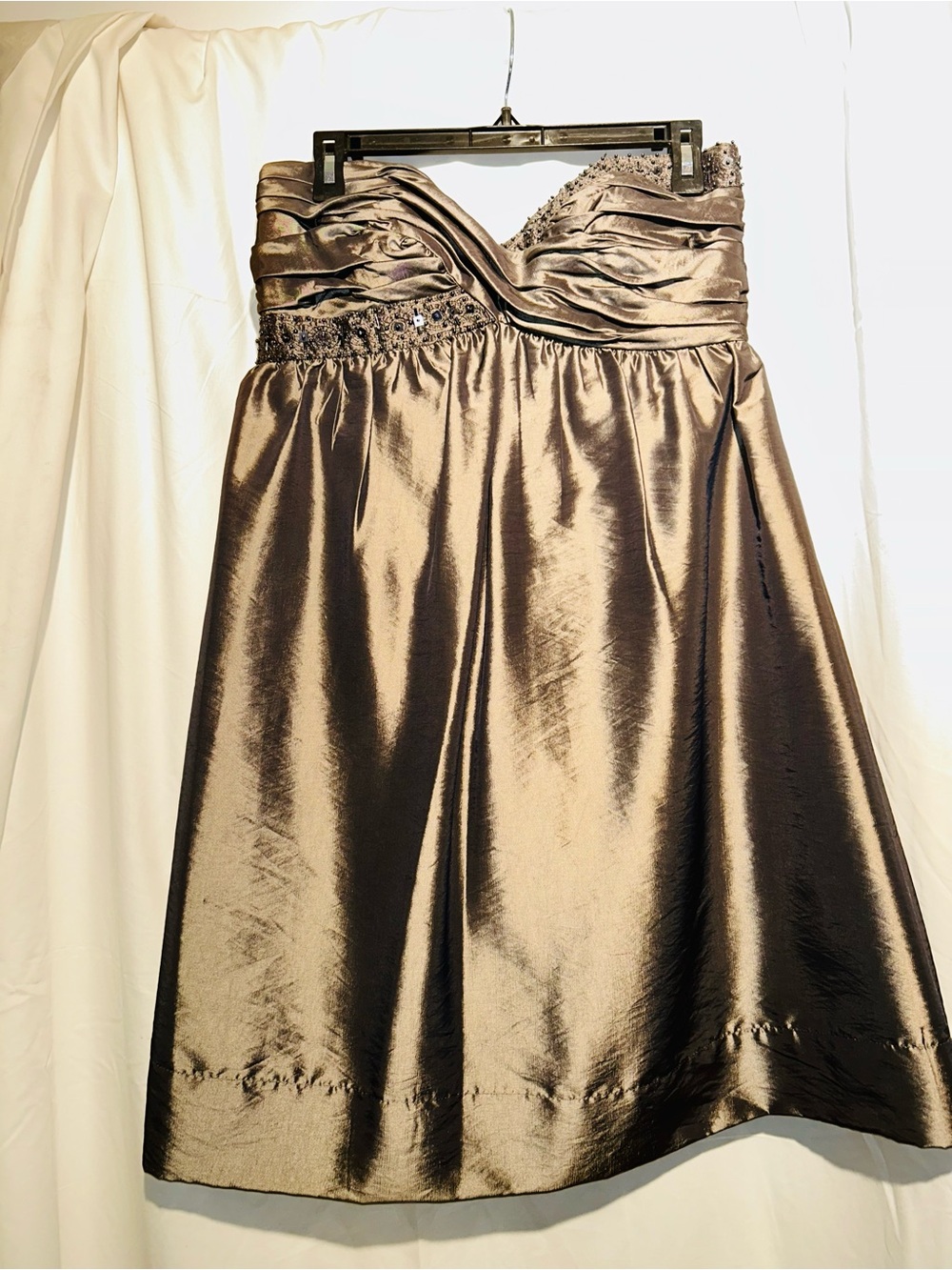 London Times Size 10 Bronze Metallic Beaded Strapless Cocktail Dress